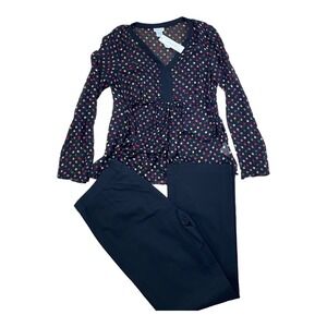 Mimi Maternity Black Polka Dot Shirt And Black Pants Two Piece Set Large NWT